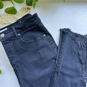 LOFT Dark Wash High Waist Skinny Jeans with Frayed Hem at Ankle